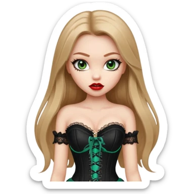 pretty bratz girl, long straight LIGHT BROWN HAIR, jade green eyes, black eyeliner, pale skin, black corset clothes with laces sticker