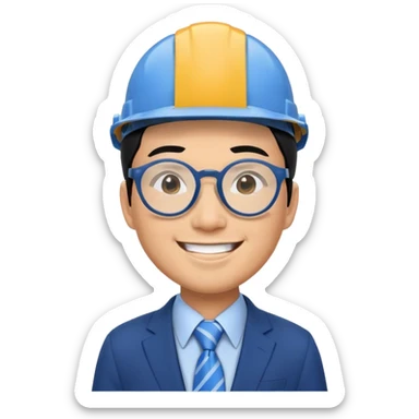 Young Business man with Black hair and round Glases, smiling, asian, blaue suit, with tie, in a construction helmet sticker