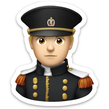 French soldier with white skin of Napoleon era in black cylinder hat and black Napoleon era uniform sticker