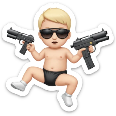 Baby in diaper with black sunglasses shooting machine guns in the air jumping left to right  sticker