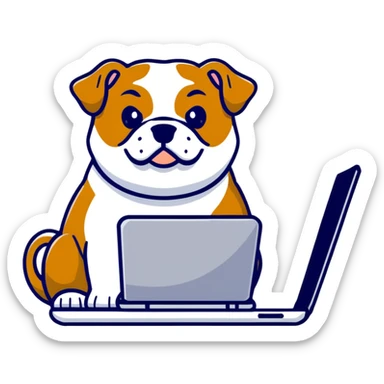 English bulldog with a laptop sticker