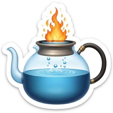  a small pot or kettle filled with water placed on fire, the water is boiling intensely with visible steam and bubbles rising, bright lighting, clean white background sticker