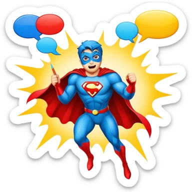 Create a vibrant and dynamic emoji representing comic books and graphic novels as an art form. The design should feature a comic book page with panels and speech bubbles, showcasing bold lines and vibrant colors. Include elements like a pencil or pen, as well as a superhero icon or an action scene to symbolize storytelling through visuals. Use bright, energetic colors like red, blue, and yellow to convey excitement and creativity. The overall design should feel playful, creative, and artistic. Make the background transparent. sticker