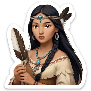 Cinematic Realistic Pocahontas Portrait, depicted with lifelike skin texture, soft natural lighting, and intricately detailed long, flowing raven-black hair that moves gracefully in the wind. Her deep, soulful dark brown eyes exude wisdom and strength, complemented by a serene yet powerful expression. She is shown gently holding a feather in one hand, her other hand resting lightly at her side, embodying the harmonious balance between nature and herself. She is dressed in her classic one-shoulder native American dress, with rich fabric textures and delicate beaded details that catch the light beautifully. The portrait features a soft, sun-kissed glow with a natural, radiant finish, capturing the essence of untamed beauty and deep connection to nature in a realistic and painterly style, evoking a sense of depth and authenticity. sticker