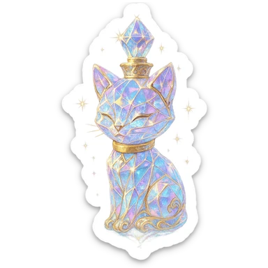 crystal luxurious elixir bottle in the shape of a kitten, pastel gradient, lots of shine, edges, ornaments, golden details, magical effects, very small golden collar, transparent background, beautiful merging base, clearly floating in the air, no base or shadow, very luxurious, playful, fitting a collection sticker