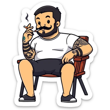 Heavy-set man leaning back in chair with legs spread, smoking cigarette, exposed belly, round face, short black hair, beard with mustache, black t-shirt with light stripes on top portion, sleeves rolled up, black shorts, arms decorated with distinct black graphic tattoo patterns sticker