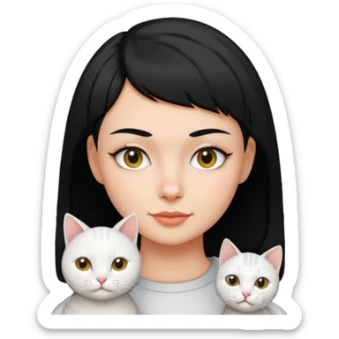 One white cat and Lady with black buzz cut hair and dimple on the right dide face sticker