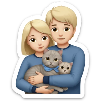 long Blonde haired girl and brunette short haired boy hugging one grey scottish fold cat sticker