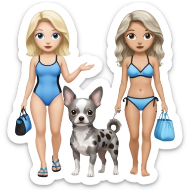 2 pretty women in bathing suits, hazel eyed light skin with dark brown wavy long hair, walking a blue and gray spotted Merle Frenchie the other blue eyed light skin long blonde hair with black chihuahua  sticker