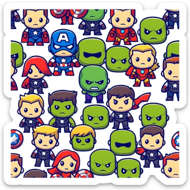 Chibi Avengers team with cute small proportions, big heads, tiny bodies. Include Iron Man, Captain America, Thor, Hulk, Black Widow, and Hawkeye with adorable expressions sticker