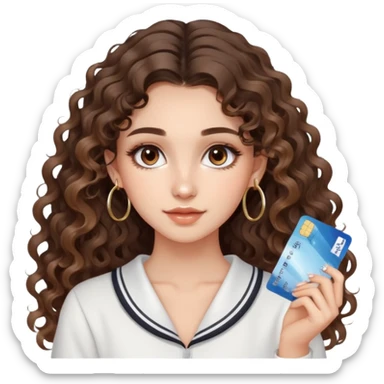 cute girl long brunette balayage curly/wavy not voluminous hair, brown eyes, hoop earrings, natural pretty clean makeup: with a pile of salt and a credit card sticker