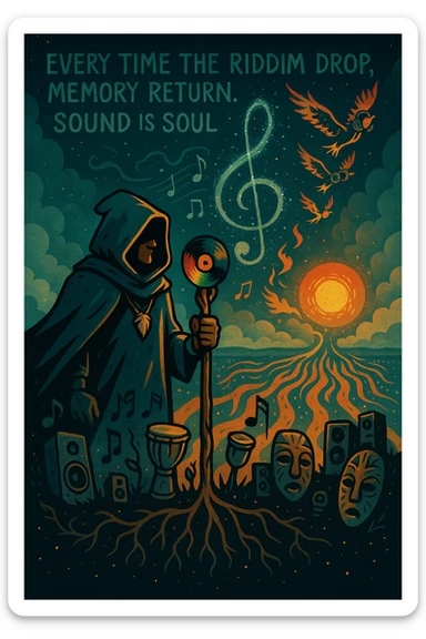 Create a mythical, animated-style poster set in a timeless world where sound is sacred. At the center, a hooded guardian of rhythm stands on a hill, overlooking a vast land shaped like a giant soundwave.

He holds a staff made of melted vinyl records, glowing with faint reggae colours — red, gold, and green. Around his neck is a lion’s fang pendant, and behind him, a swirling constellation shaped like a treble clef lights the sky.

From the earth, roots twist upward into musical notes, connecting instruments, speakers, and ancestral masks half-buried in the soil.

A flock of birds made from broken headphones and fire rises from the horizon — flying toward a glowing sun that pulses like a subwoofer.

Below, scattered across the valley, are tiny glowing embers — each one representing a soul still dancing, still alive.

In the sky, faint words form from the clouds:
“Every time the riddim drop, memory return. Sound is soul.”

The artwork should feel ancient, futuristic, and sacredly street — part graffiti, part prophecy, part roots revival. sticker