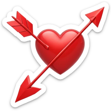 Apple-style 3D illustration of a glossy red heart pierced by a horizontal double-ended arrow. One end of the arrow has a small female symbol, the other end has a small male symbol. The heart is centered, shiny, with soft shadows, floating on a clean white background, minimal and emotional design sticker