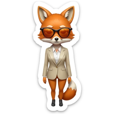 serious anthropomorphised female fox in stylish outfit with sunglasses, back facing the viewer, head down, heavy frown, full-body view sticker
