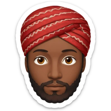 A dark-skinned man with brown eyes, a short beard, and a calm look, wearing a red patterned turban. sticker
