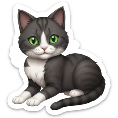 beautiful female solid dark grey cat with green eyes, white toes/paws and white patch on her chest rolling upside down sticker