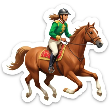 An icon showcasing a majestic horse and rider in full gallop across a lush green field. The background features a clear sky, distant mountains, and a vibrant landscape. The rider wears traditional gear, while the horse leaps with grace and power.  sticker