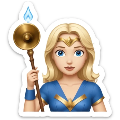 Blonde blue eyes Wonder Woman holding bell and short white orchestra conductor’s baton  sticker