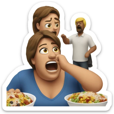 A large, upset woman with a burrito bowl throws it at a large man sticker