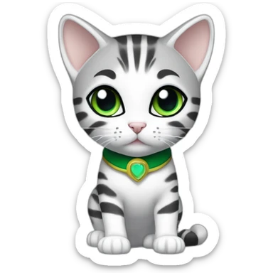 cuddly light white and grey domestic shorthair tabby with green and blue eyes black pupils, walking and playing wearing a cute costume female sticker