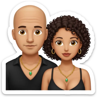 A picture of a sexy tanned couple. the guy is Mexican, with a bald hair cut and a black shirt. the girl is mixed, she has curly longer dark brown hair,  the girl has glasses only, and with big boobs. Remove the glasses of the guy sticker