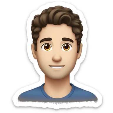 Handsome man, boyish, charming whie man, slightly curled dark brown hair, middle part, blue eyes, angled brows thing arched brows, dark bron hair, fair skin,  sticker