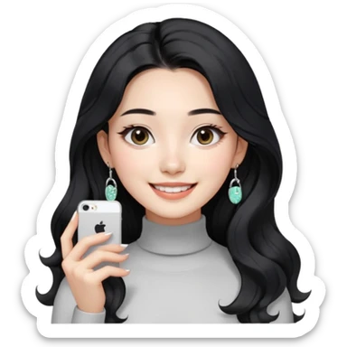 Korean 24-year-old female online shopping mall seller / white face / earrings / smiling expression / long wavy hair / influencer vibe / fashionable / black hair / silver earrings / skinny white turtleneck sticker