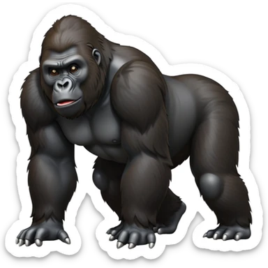 cinematic-gorilla-realistic-full-body-on all fours-emoji,-exuding-strength,-thick-dark-fur-glossy-in-the-light,-head-tilted-dramatically,-deep-dark-eyes-filled-with-intense-intelligence,-simplified-yet-realistic-focused-features,-highly-detailed,-glowing-with-an-almost-sarcastic-glow sticker