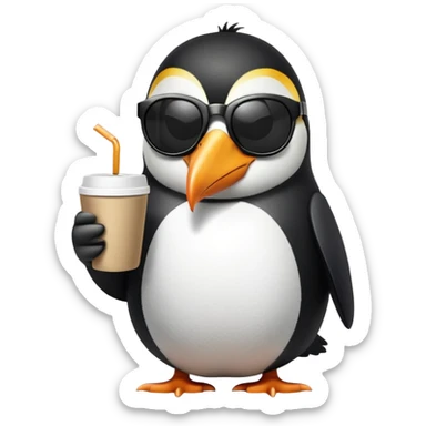 penguin with toucan beak holding a coffee cup and wearing sunglasses sticker