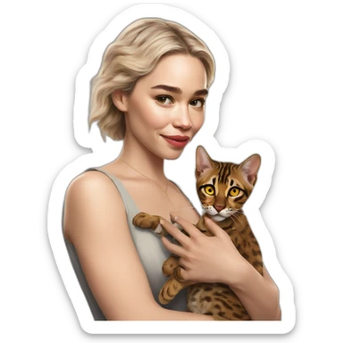 Emilia Clarke holds a Bengal cat with yellow eyes sticker