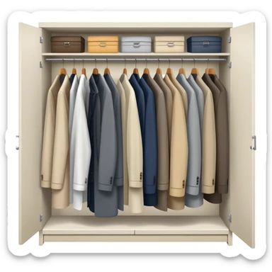 Minimalist wardrobe closet slightly open showing neatly hung professional jackets and shirts inside, organized sticker