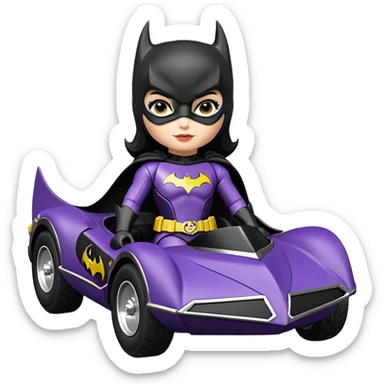 scale racing sexy fitted Batgirl’s buxom heroically armored midnight-colored tight outfit 1970’s tv style dark knight stealthy accurate sporty safe plush deluxe off-road pursuit drifting F1 town car (black hair, shoulders back against seat) rally vehicle  sticker