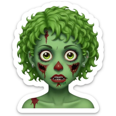 faça uma cabeça verde de zumbi femenina, com im cabelo curtinho cacheado, piercing no nariz, e brincos na orelha sticker