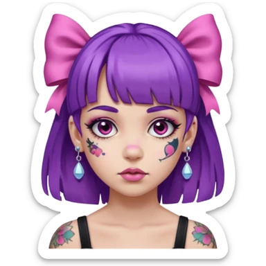 girl with bangs and purple hair and pink hairbow on the side of head and earrings and heavy face tattoos sticker