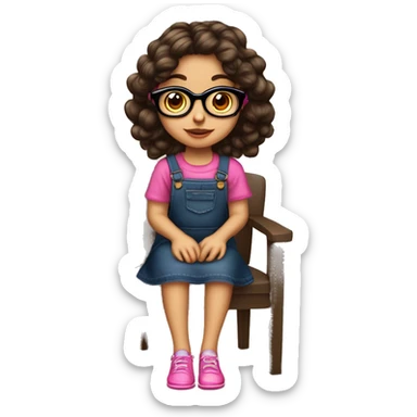 Niña alegre, de cabello castaño oscuro largo, lentes rosados, ojos cafés oscuros mandil de colores con moño rosado en silla de ruedas  sticker