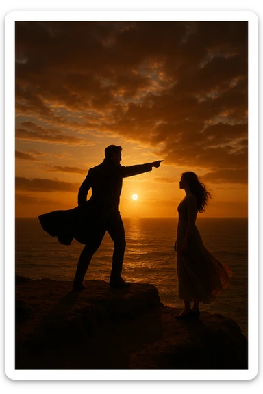 A cinematic scene of a man as a commander guiding a woman toward a bright future, standing on a cliff edge overlooking a vast ocean at sunset, with the man pointing forward while the woman looks at him, ready to follow his lead. The man wears a dark coat blowing in the wind, creating a heroic silhouette, while the woman wears a flowing dress, her hair catching the light. Warm, dramatic lighting with golden tones, emphasizing hope and leadership. Wide-angle shot capturing the epic scenery and emotional connection.
 sticker