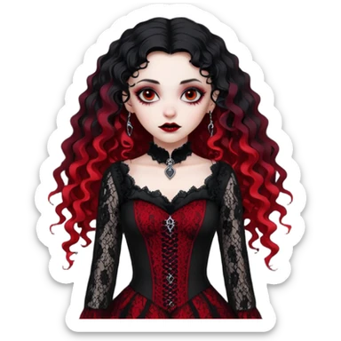 A girl with a red goth vampire look in a black and red goth lace dress with long sleeves and long black curly hair bold look on her face sticker