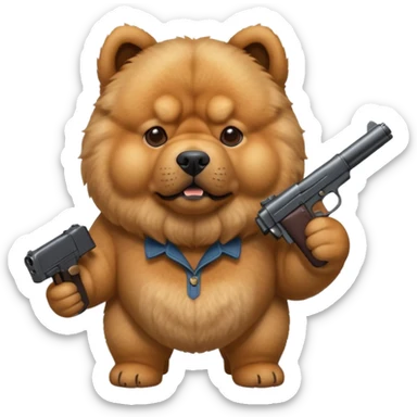 Funny realistic-style chow chow dog with light fur standing on its hind legs and holding a gun menacingly sticker
