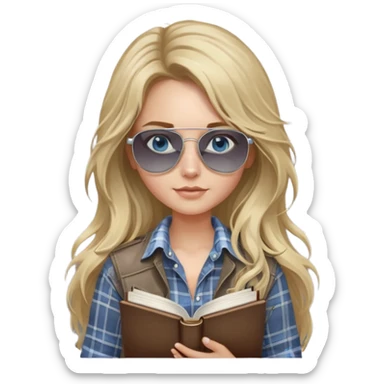 girl with long blond messy hair wearing grey plaid shirt with blue eyes and aviator sunglasses wearing a ring on her silver necklace, holding law books sticker