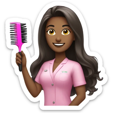 Long haired Brunette Esthetician wearing pink holding a fan brush sticker