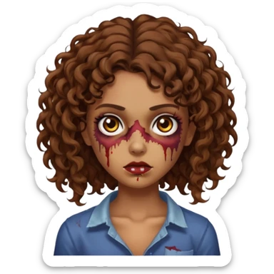 Faça uma garota zombie de cabelo cacheado castanho, olhos castanhos escuro e pele parda com o cabelo menos volumoso e no ombro sticker