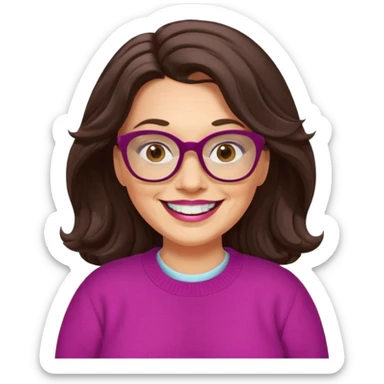 50 yr Caucasian woman, long dark brown hair parted on side, brown eyes, brown glasses, big smile, white teeth, fuscia sweater, chubby, wavy hair sticker