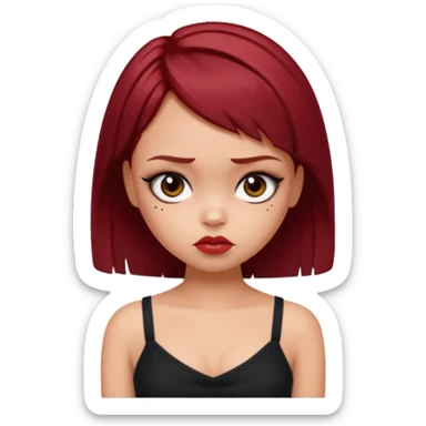 generate a pretty fair bratz girl with short dark red hair looking sad . Wearing a black cami sticker