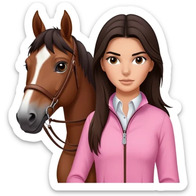 brunette Kendall Jenner with long hair holding and bay horse with a short black mane, a thin white stripe on the muzzle, brown eyes wear on pink riding clothes sticker