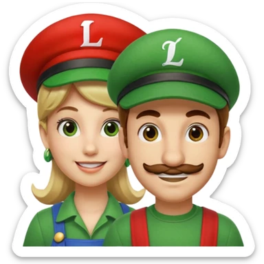blonde female Luigi (with the Luigi green hat with an L on it) and a normal brown hair male Mario with the red hat with a M on it. They are friends just smiling. This video game sticker