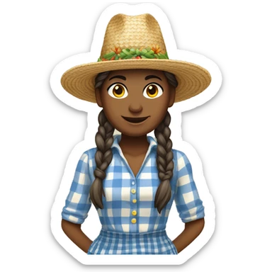 Festa Junina country woman with straw hat, braided hair, checkered clothes, dark white skin sticker