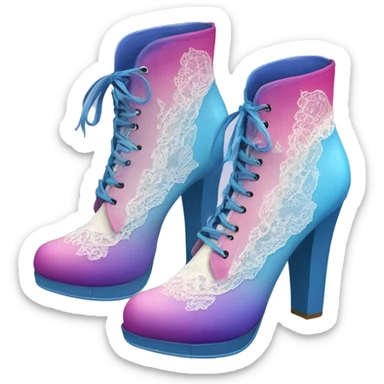 Realistic isolated top view of a pair of blue,sky blue,pink and purple ombre high heel ankle boots with white cream lace. sticker