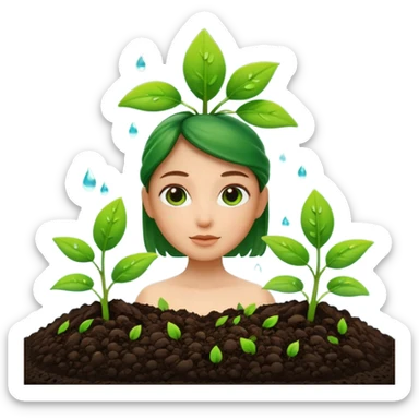 A 3D cartoon view of small green seedlings sprouting from dark soil, soft sunlight, water droplets on leaves, minimal background, realistic Memoji-style look. sticker