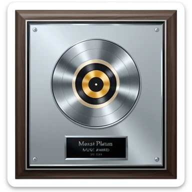 A platinum music award plaque: a square, polished platinum plate with a subtly textured, mirror-like finish, mounted on a simple dark wood base. The center features a relief of a or stylized vinyl record in a slightly darker metallic tone.  sticker