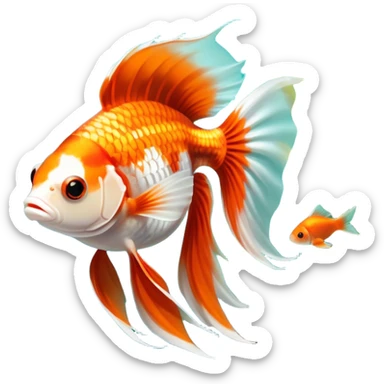 Large aquarium fish like veil tails and lionhead goldfish swimming gracefully in a beautifully decorated aquarium. Colorful aquatic plants, smooth rocks, and gentle bubbles surround the fish. The water shimmers in sunlight, creating a peaceful and vibrant underwater scene. Transparent background. sticker